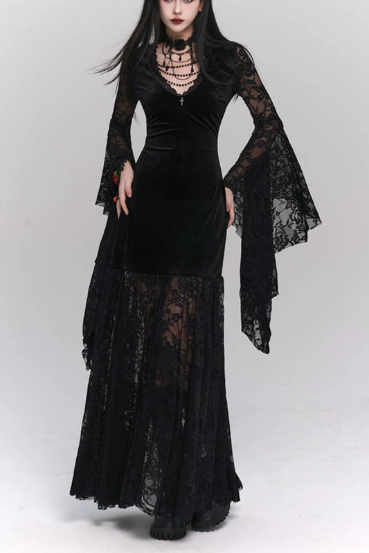Black Velvet Lace Flare Sleeve Gothic Maxi Party Dress F0502