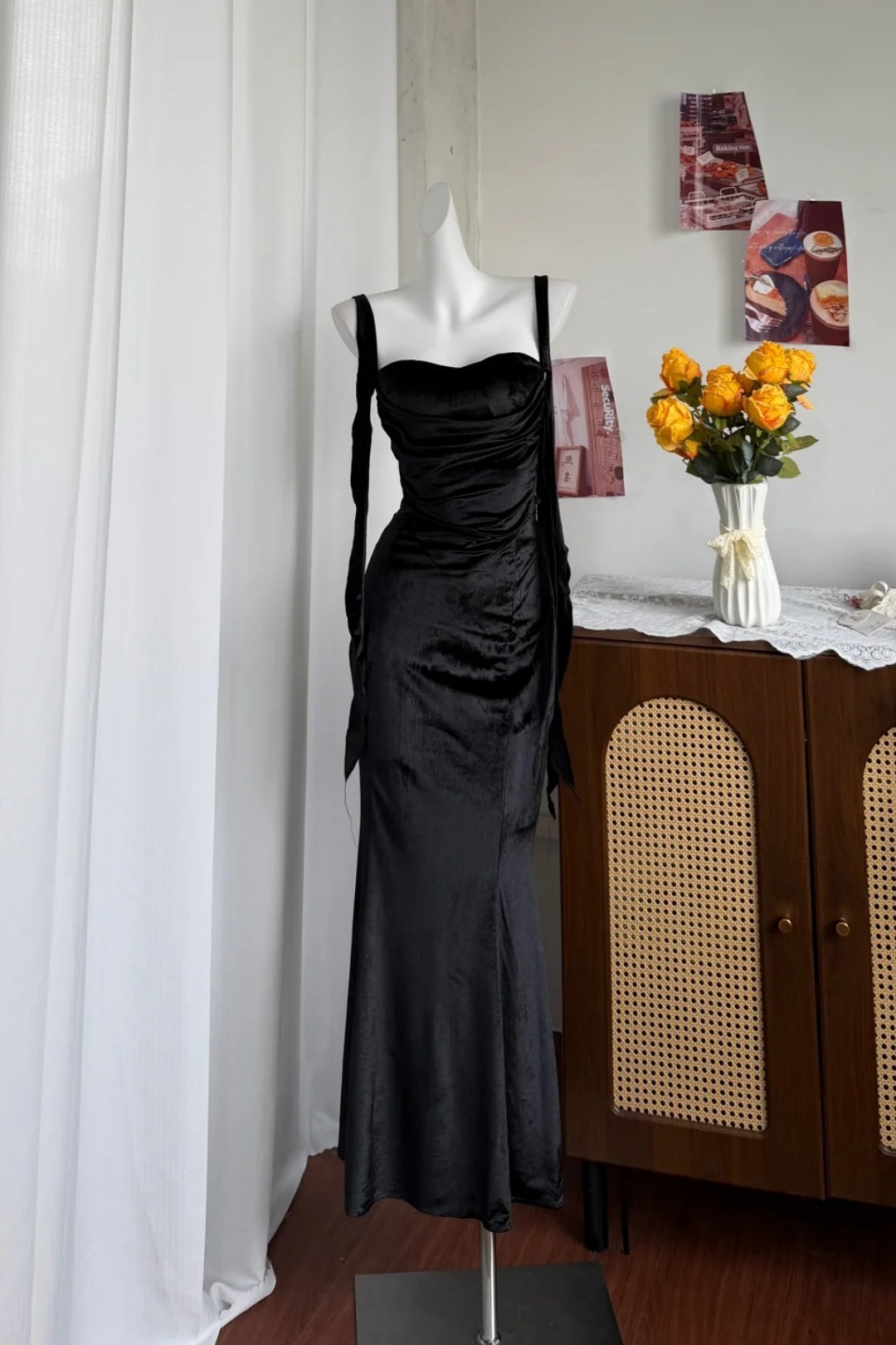 Black Velvet Mermaid Evening Dress, Sweetheart Open Back Formal Gown F0414