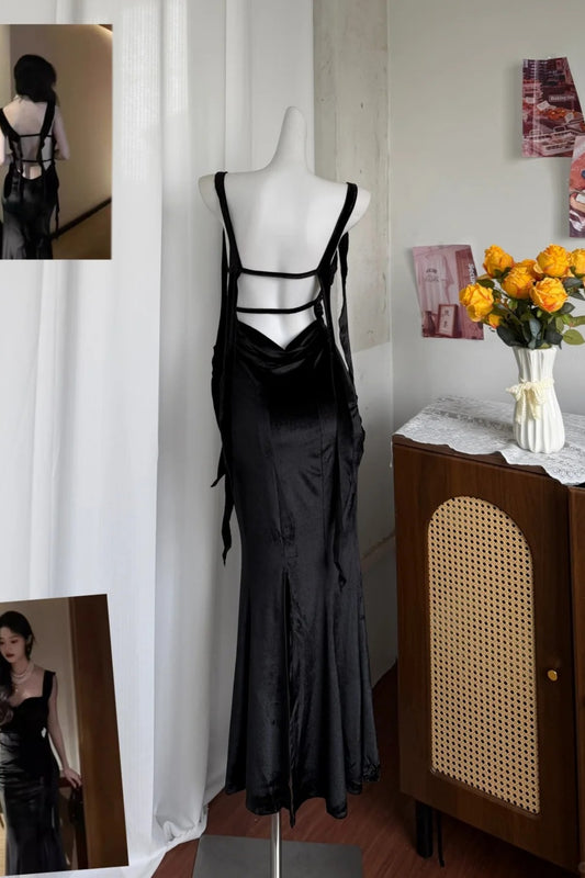 Black Velvet Mermaid Evening Dress, Sweetheart Open Back Formal Gown F0414