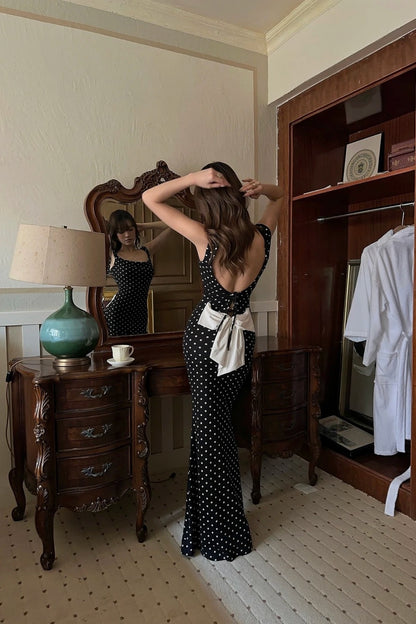 Black White Polka Dot Evening Dress Open Back Big Bow Mermaid Gown F0384