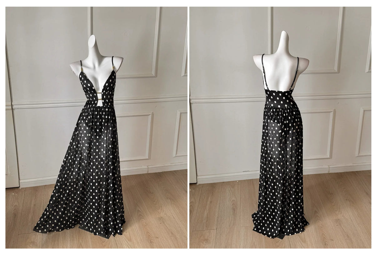 Black White Polka Dot Spaghetti Strap Maxi Dress, Vacation Dress F0481