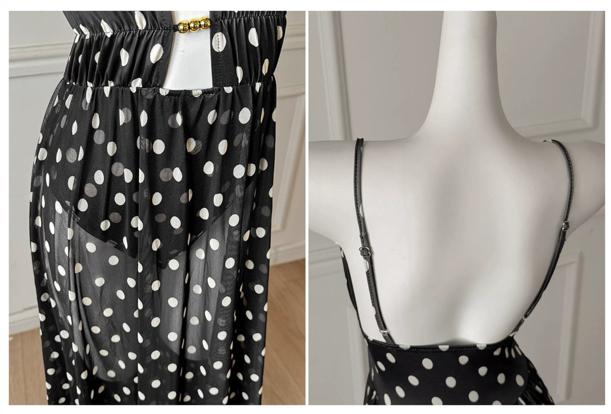 Black White Polka Dot Spaghetti Strap Maxi Dress, Vacation Dress F0481
