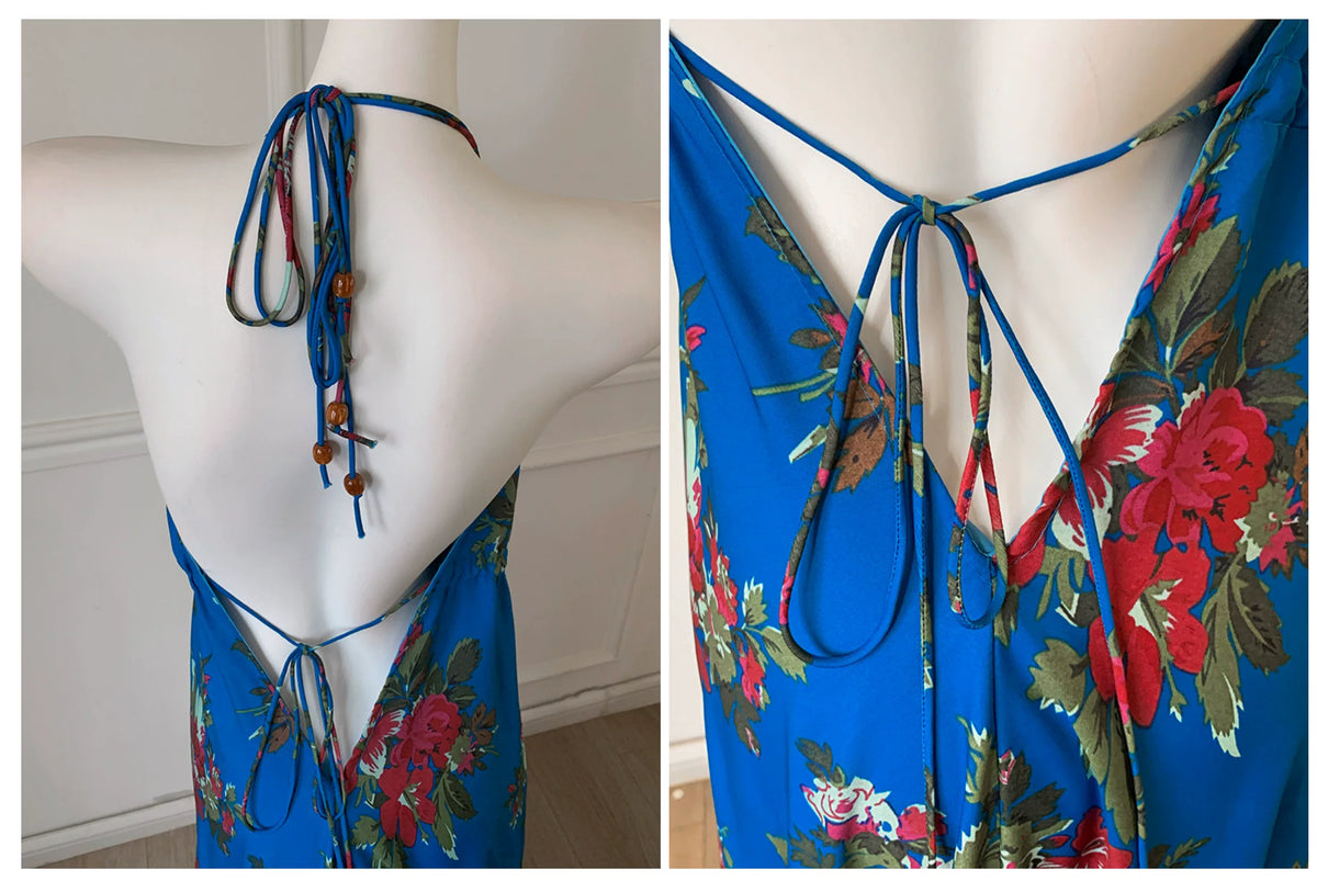 Blue Floral Halter Deep V Backless Maxi Dress F0465