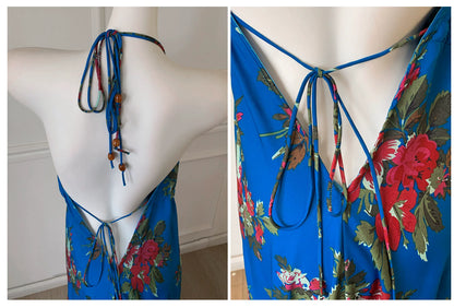 Blue Floral Halter Deep V Backless Maxi Dress F0465
