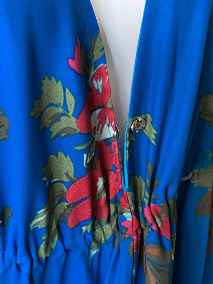 Blue Floral Halter Deep V Backless Maxi Dress F0465