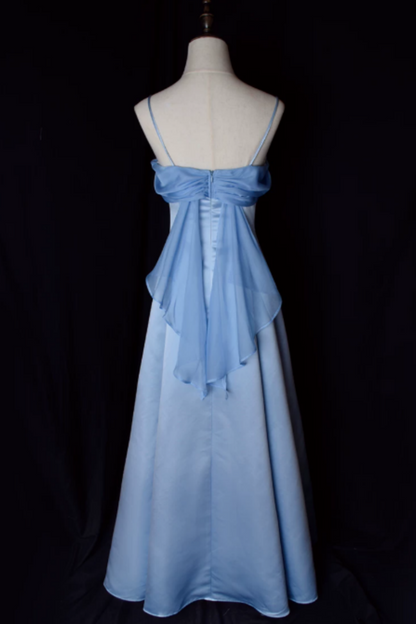 Blue Satin Maxi Dress With Spaghetti Straps—An Ethereal, Fairy-Like Gown L024