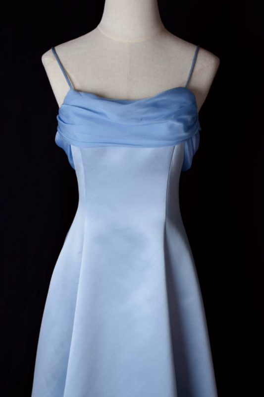 Blue Satin Maxi Dress With Spaghetti Straps—An Ethereal, Fairy-Like Gown L024