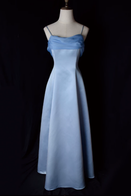 Blue Satin Maxi Dress With Spaghetti Straps—An Ethereal, Fairy-Like Gown L024