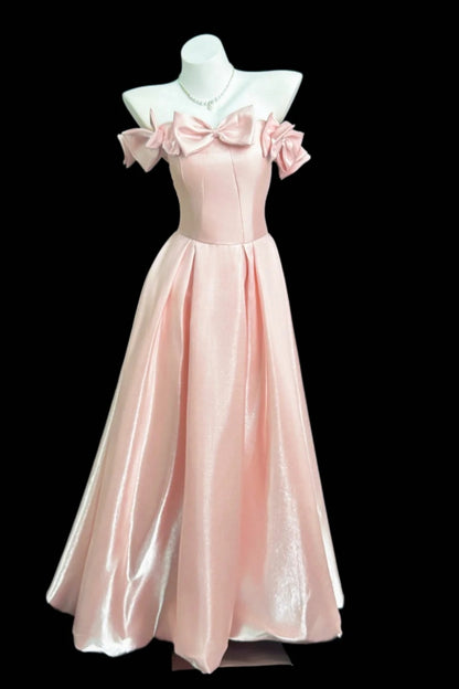 Blush Pink Off Shoulder Satin Prom Dress F0333