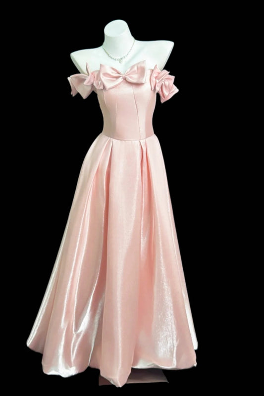 Blush Pink Off Shoulder Satin Prom Dress F0333