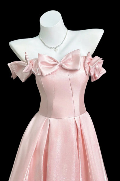 Blush Pink Off Shoulder Satin Prom Dress F0333