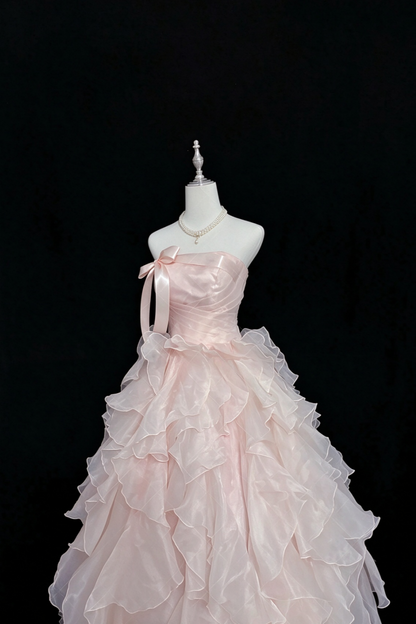 Blush Pink Strapless Organza Ball Gown With Satin Bow  F0387
