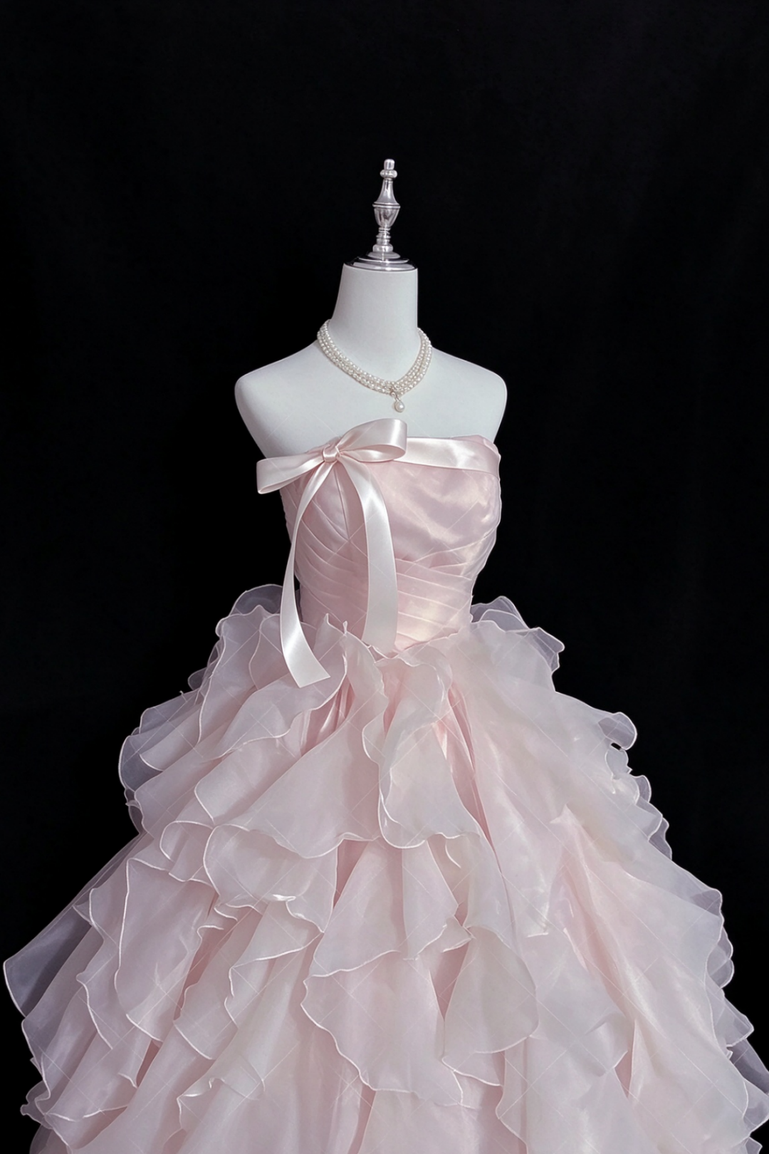 Blush Pink Strapless Organza Ball Gown With Satin Bow  F0387