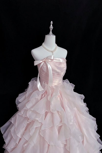 Blush Pink Strapless Organza Ball Gown With Satin Bow  F0387