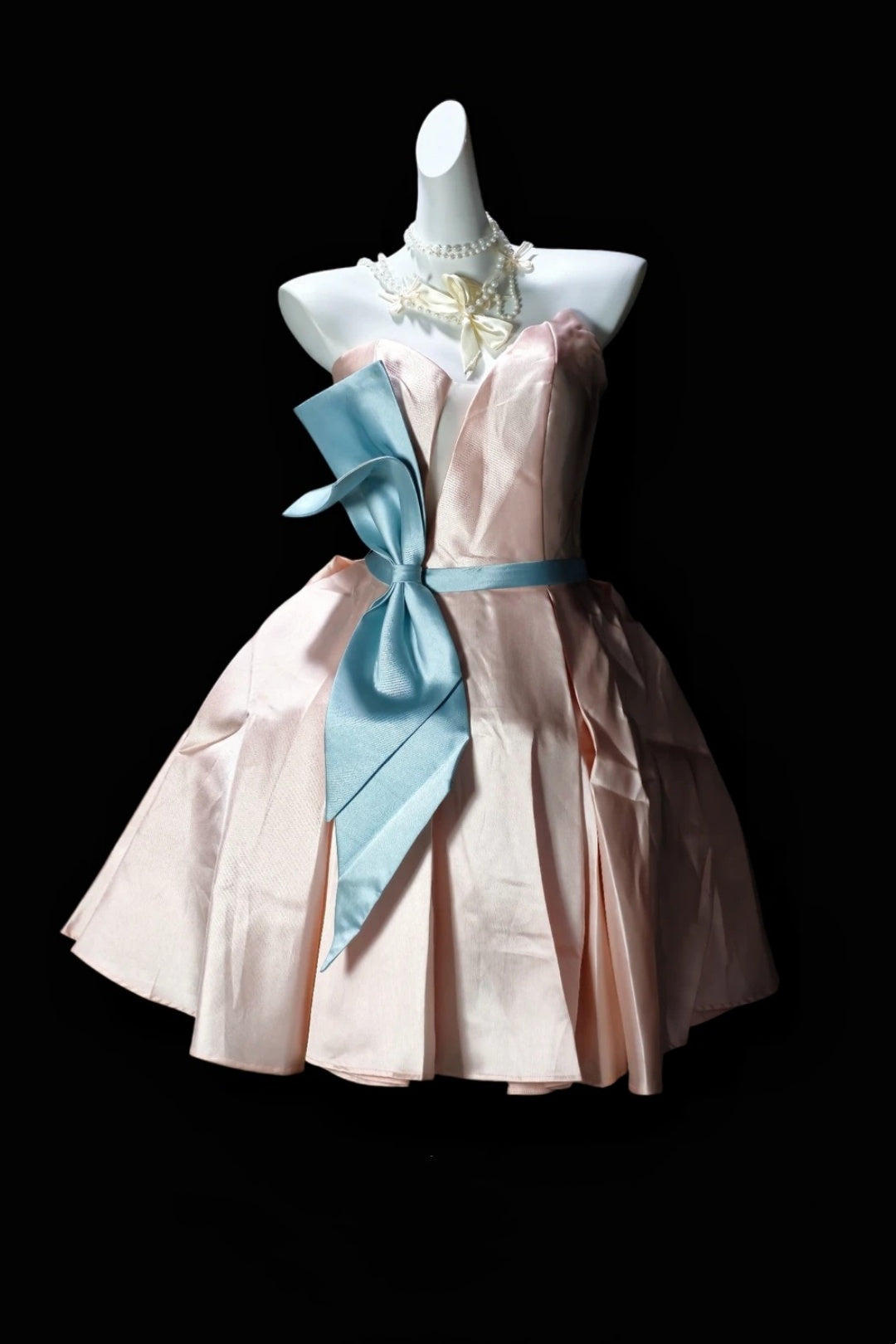 Blush Strapless Short Dress With Large Sky Blue Bow F0365