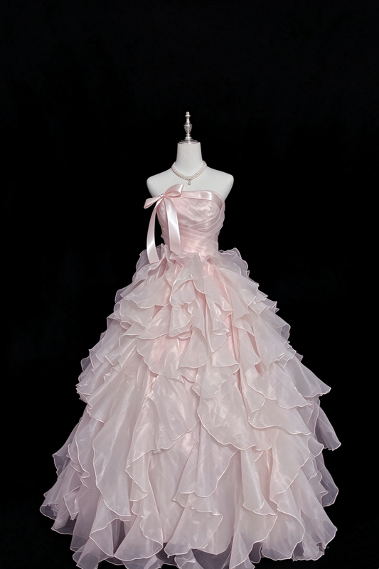 Blush Pink Strapless Organza Ball Gown With Satin Bow  F0387