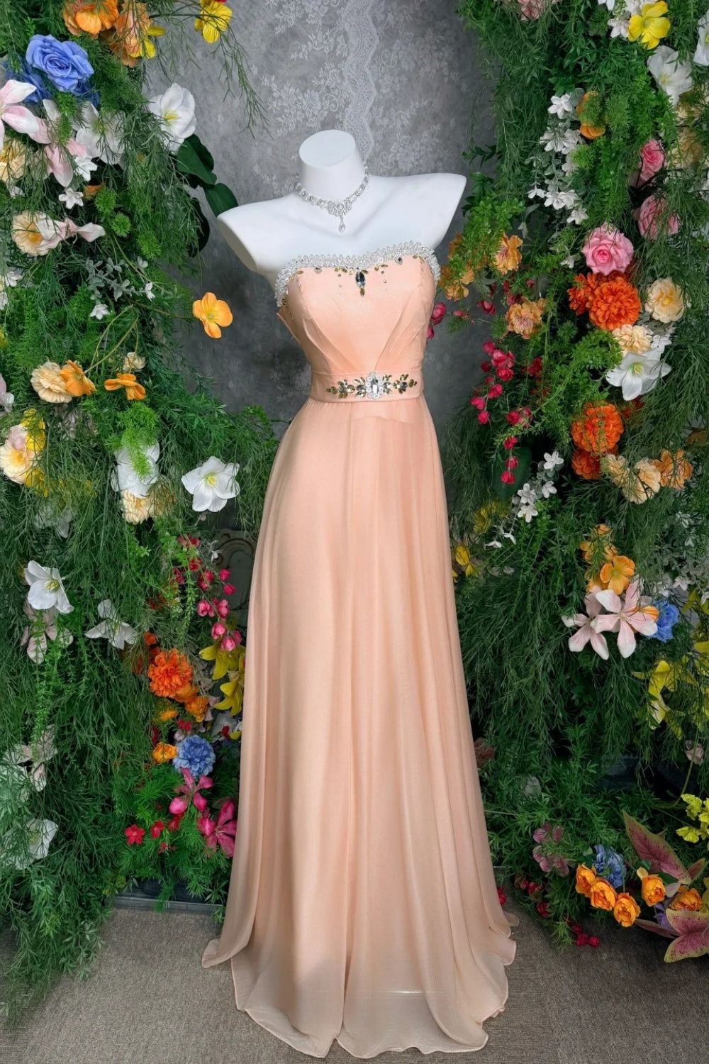 Peach Chiffon Strapless Floor-length Gown Rhinestone Decor Elegant Evening·Wedding Banquet Dress Bridesmaid Dresses  FL-7