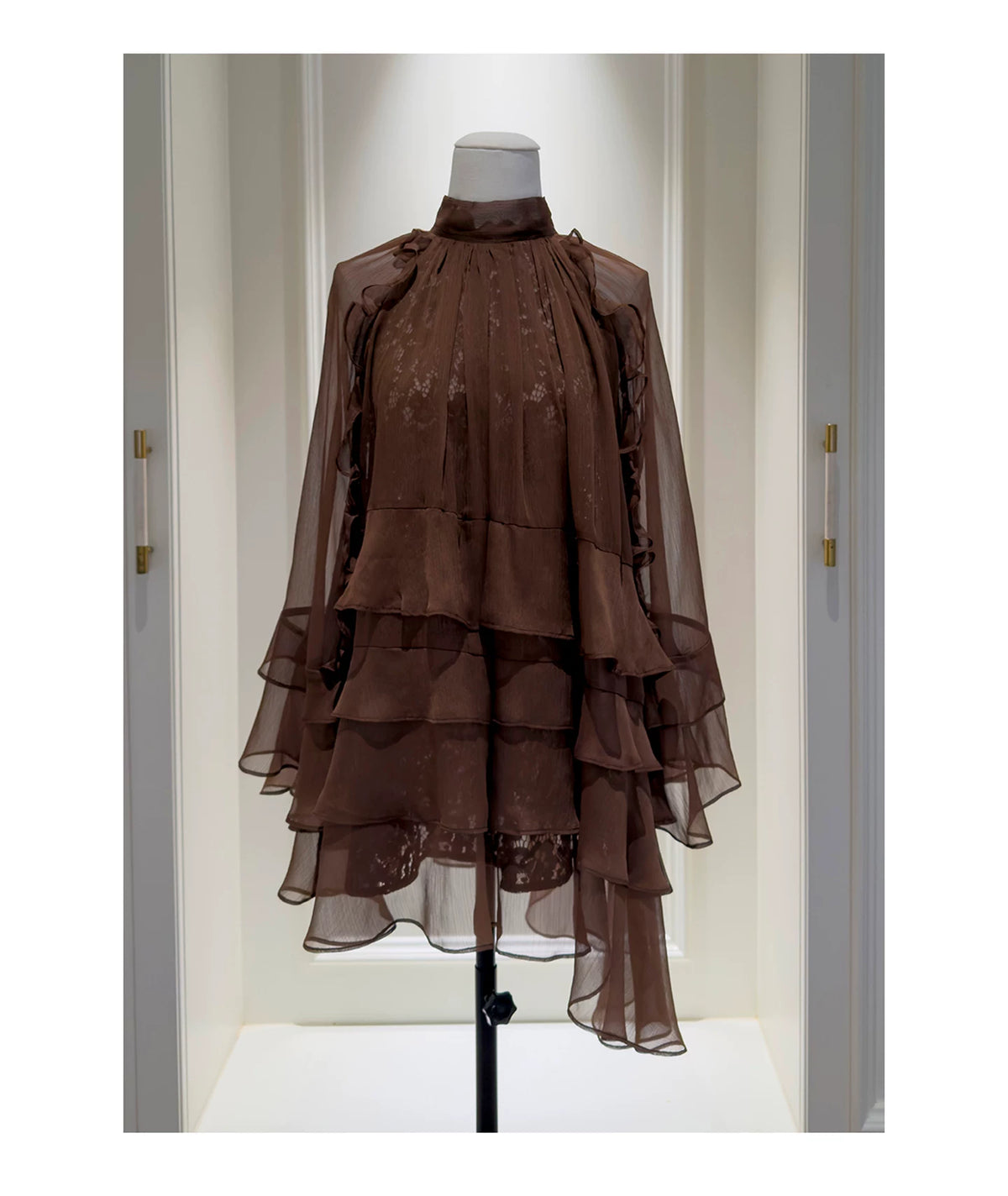 Brown High Neck Ruffle Tiered Short Party Dress F0447