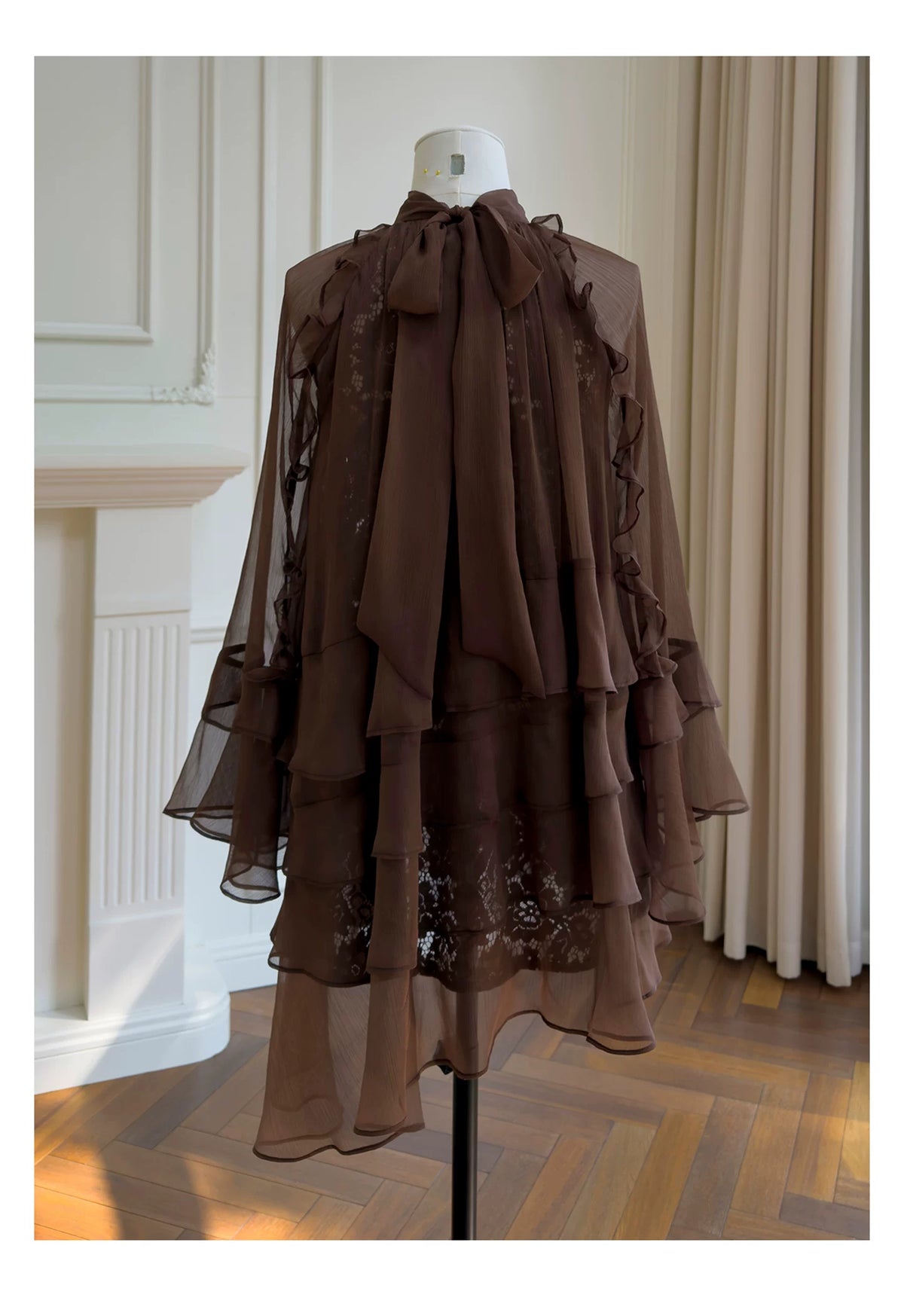 Brown High Neck Ruffle Tiered Short Party Dress F0447