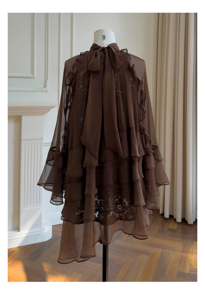 Brown High Neck Ruffle Tiered Short Party Dress F0447