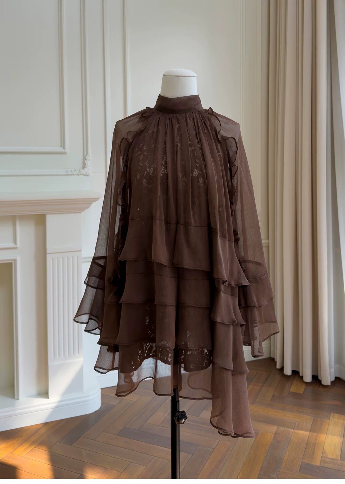 Brown High Neck Ruffle Tiered Short Party Dress F0447