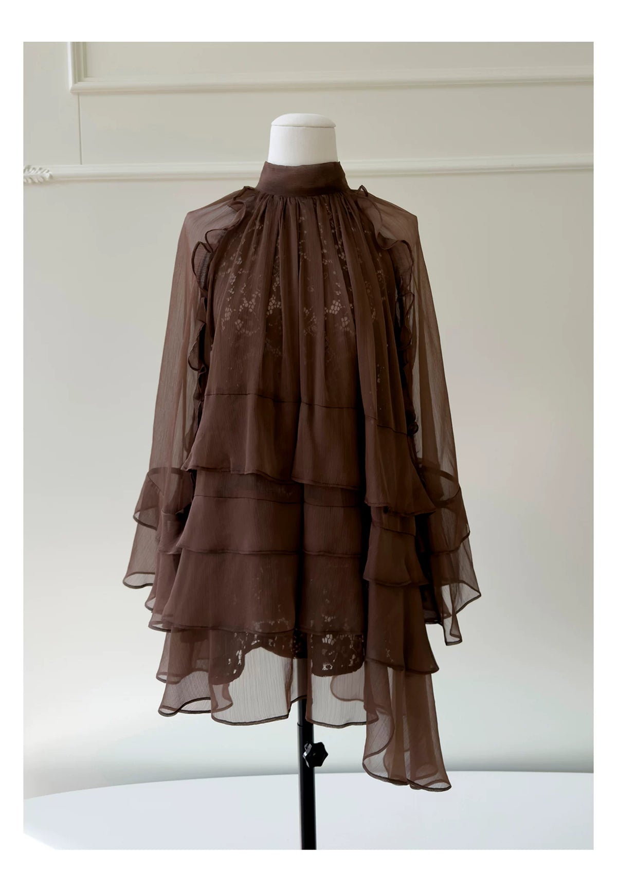 Brown High Neck Ruffle Tiered Short Party Dress F0447