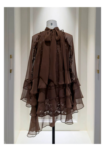 Brown High Neck Ruffle Tiered Short Party Dress F0447