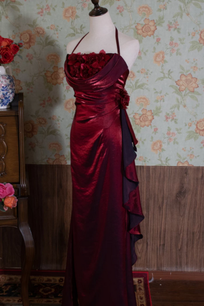Burgundy Halter Mermaid Formal Dress with 3D Florals L030