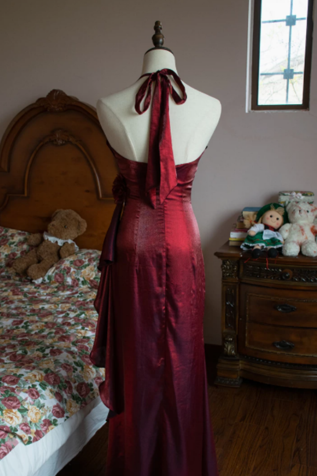 Burgundy Halter Mermaid Formal Dress with 3D Florals L030