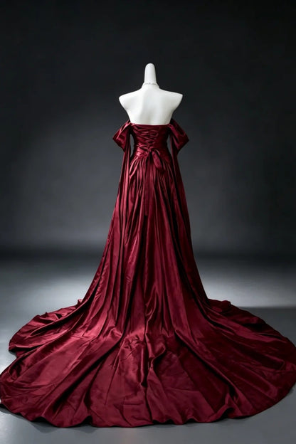 Burgundy Off Shoulder Satin Evening Dress F0332