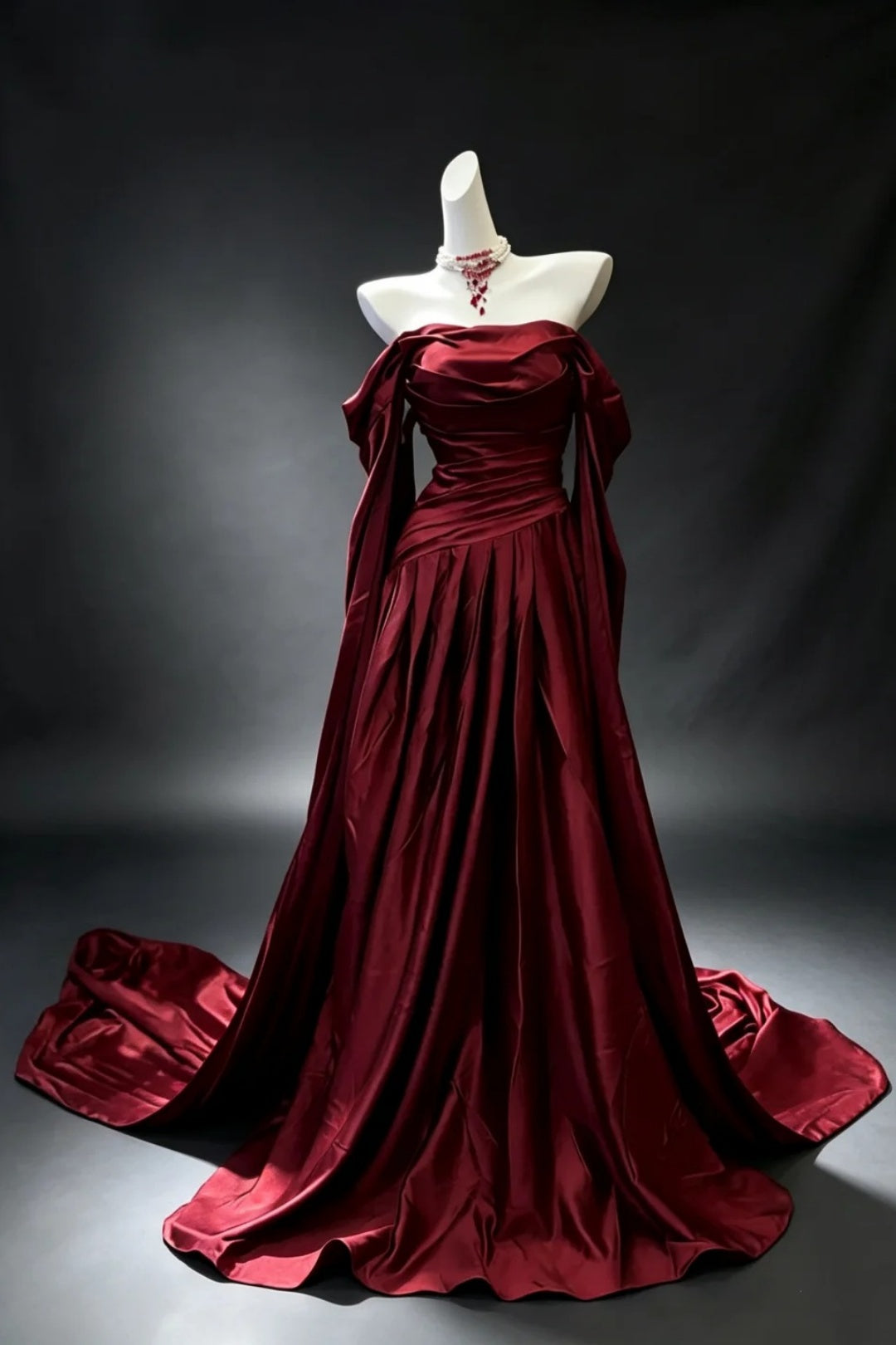 Burgundy Off Shoulder Satin Evening Dress F0332