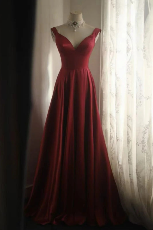 Burgundy Satin A-Line Long Dress V Neck Cap Sleeve F0367