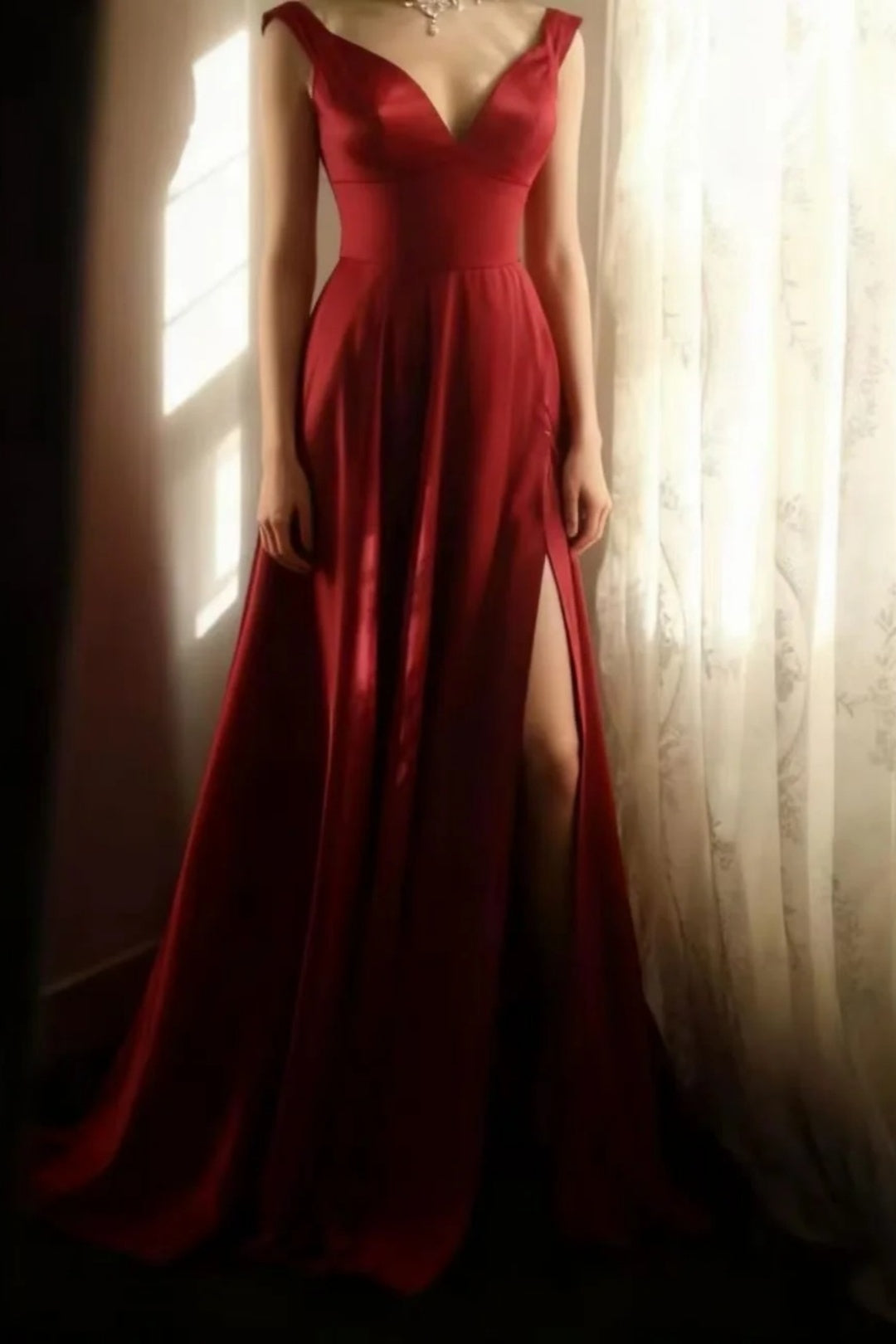 Burgundy Satin A-Line Long Dress V Neck Cap Sleeve F0367