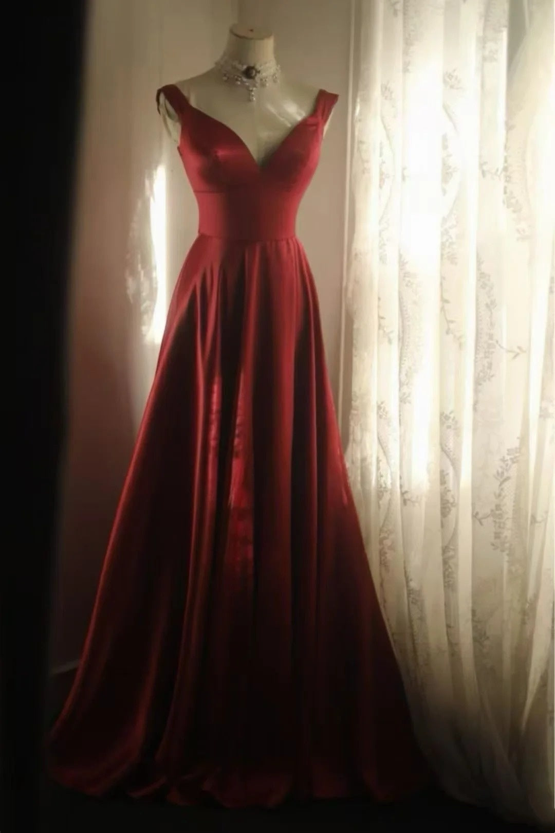 Burgundy Satin A-Line Long Dress V Neck Cap Sleeve F0367