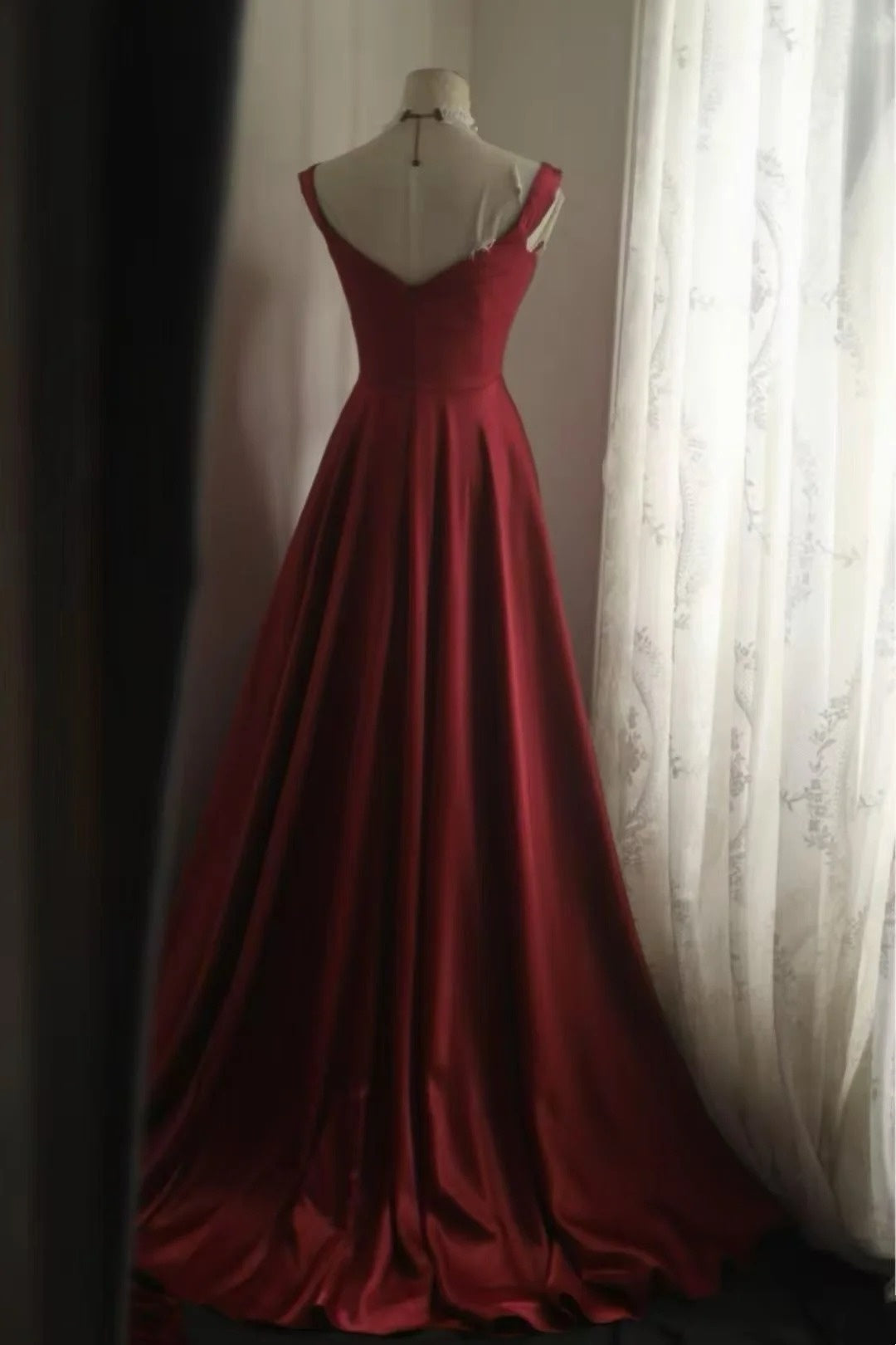 Burgundy Satin A-Line Long Dress V Neck Cap Sleeve F0367