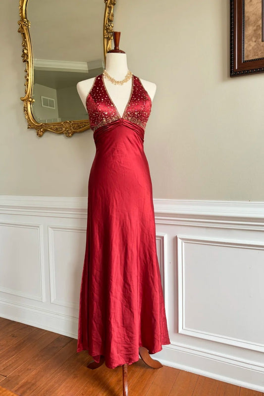 Burgundy Satin Halter Beaded Long Evening Dress F0391