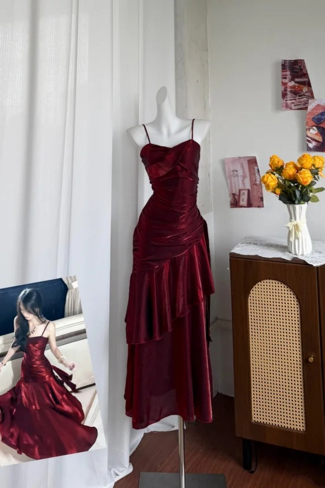 Burgundy Satin Mermaid Evening Dress, Spaghetti Strap Formal Gown F0416