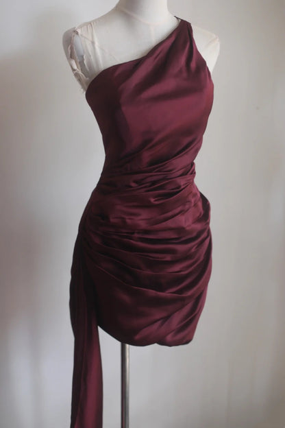 Burgundy Satin Mini Dress Holiday Party Homecoming Dress F0408