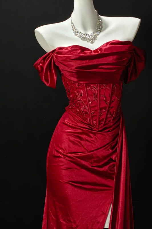 Burgundy Satin Off Shoulder Corset Dress High Slit Formal Gown F0369