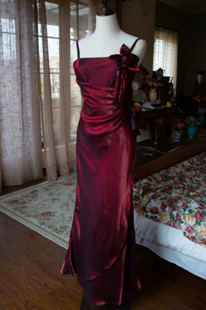 Burgundy Satin Spaghetti Strap Mermaid Formal Dress with 3D Flower L018