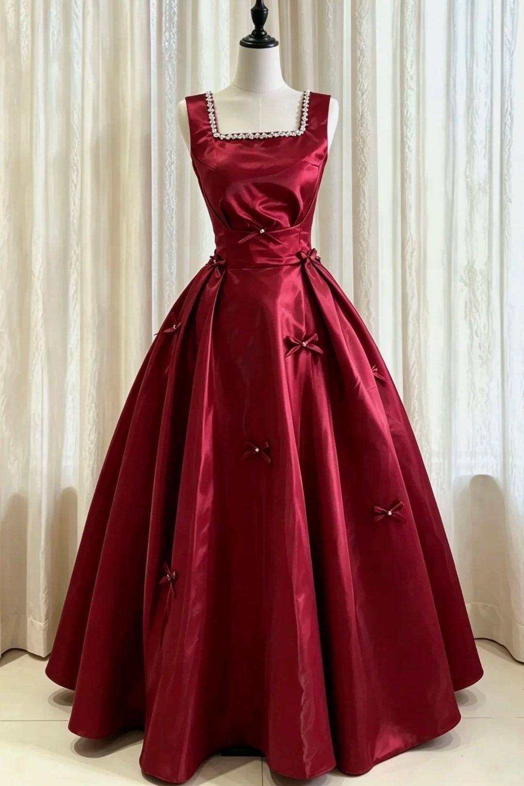 Burgundy Satin Square Neck Bow Long Evening Dress F0509