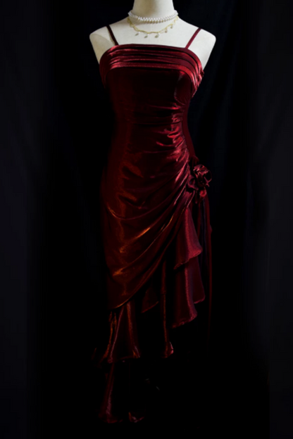 Burgundy Shiny Spaghetti Strap Formal Dress, Ruched Asymmetrical Ruffle Floral Party Dress L011