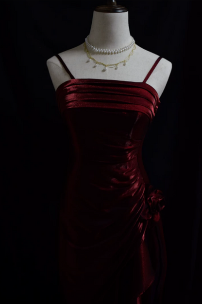 Burgundy Shiny Spaghetti Strap Formal Dress, Ruched Asymmetrical Ruffle Floral Party Dress L011
