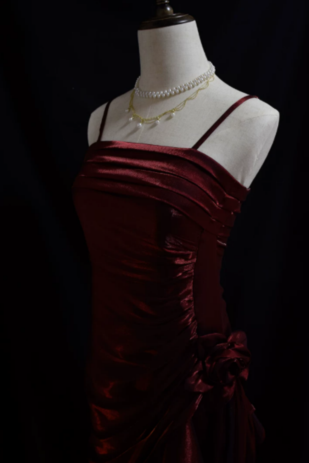 Burgundy Shiny Spaghetti Strap Formal Dress, Ruched Asymmetrical Ruffle Floral Party Dress L011