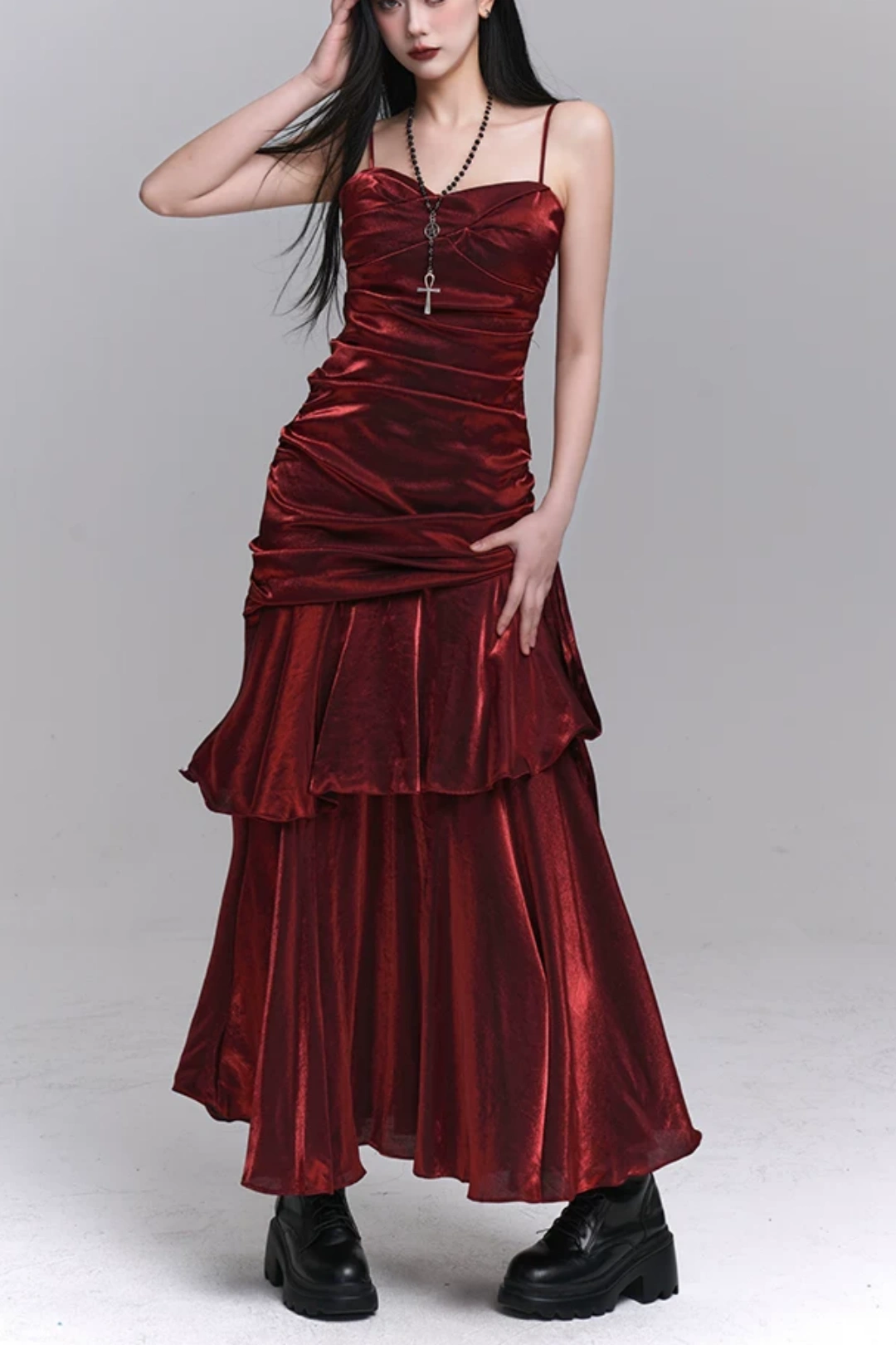 Burgundy Spaghetti Strap Ruched Tiered Maxi Party Dress F0504
