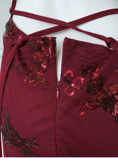 Burgundy Spaghetti Strap Sequin Floral Long Prom Dress F0462