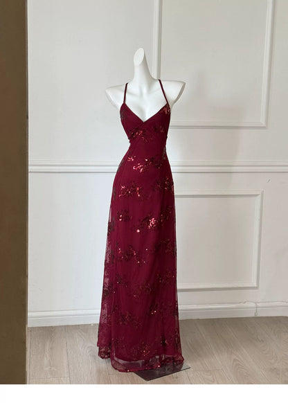 Burgundy Spaghetti Strap Sequin Floral Long Prom Dress F0462
