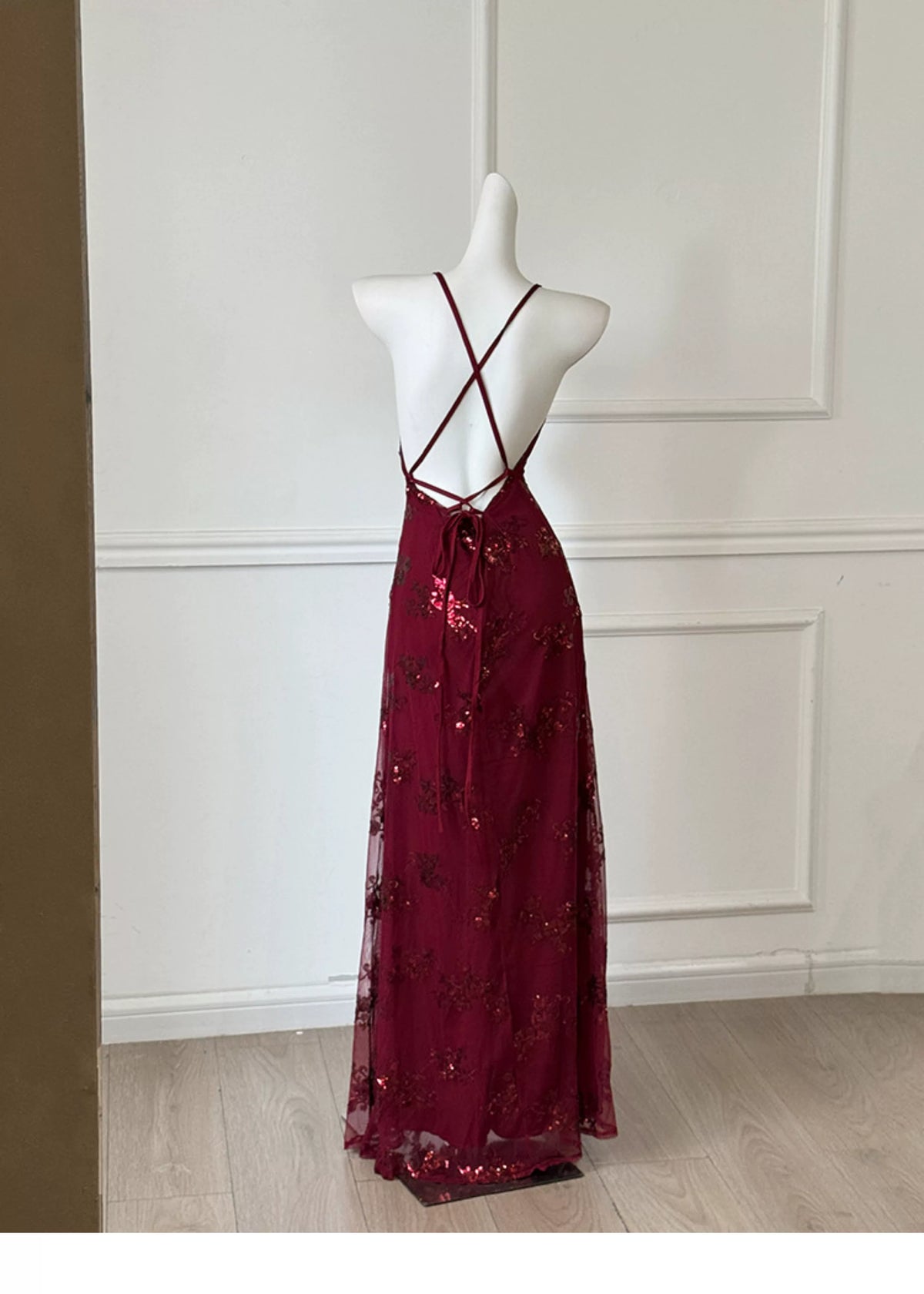 Burgundy Spaghetti Strap Sequin Floral Long Prom Dress F0462