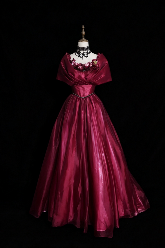Burgundy Vintage Off Shoulder Organza Ball Gown Prom Dress F0346