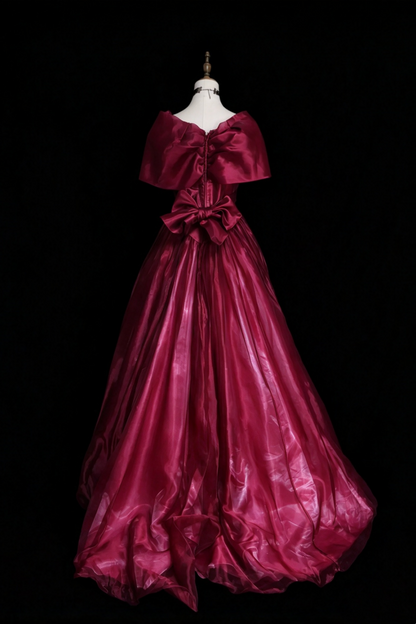Burgundy Vintage Off Shoulder Organza Ball Gown Prom Dress F0346